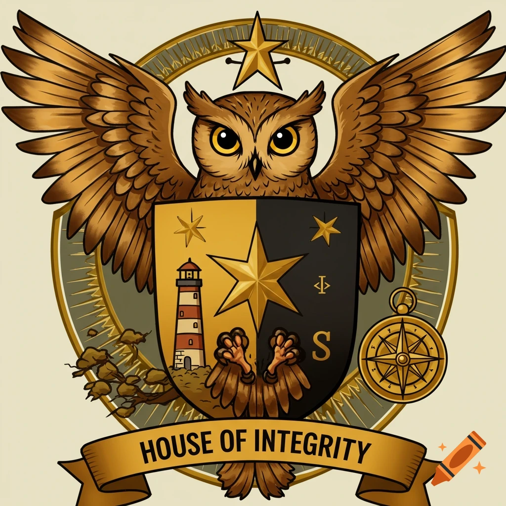 Crest with an owl, shield, lighthouse, compass, and 'House of Integrity' banner.