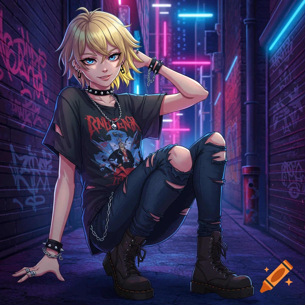 Anime girl in grunge outfit crouching in a neon-lit alley