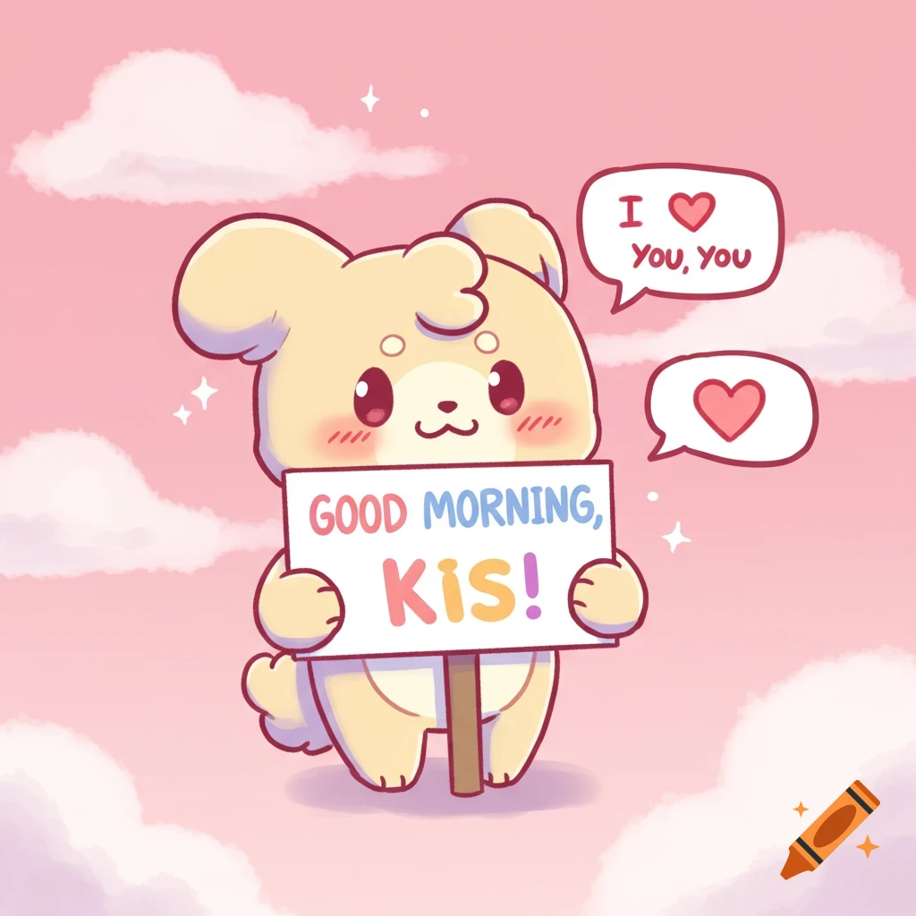 A cute anime-style character holding a sign and speech bubble with a morning and love message. Pink background with clouds.