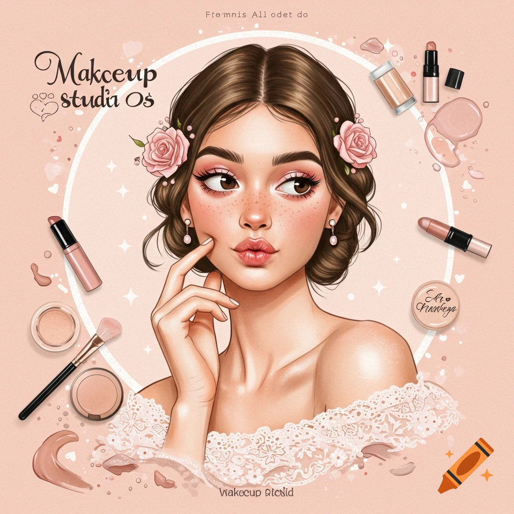 Illustration of a woman with soft makeup and flowers in her hair, surrounded by makeup products, in a light pink aesthetic.