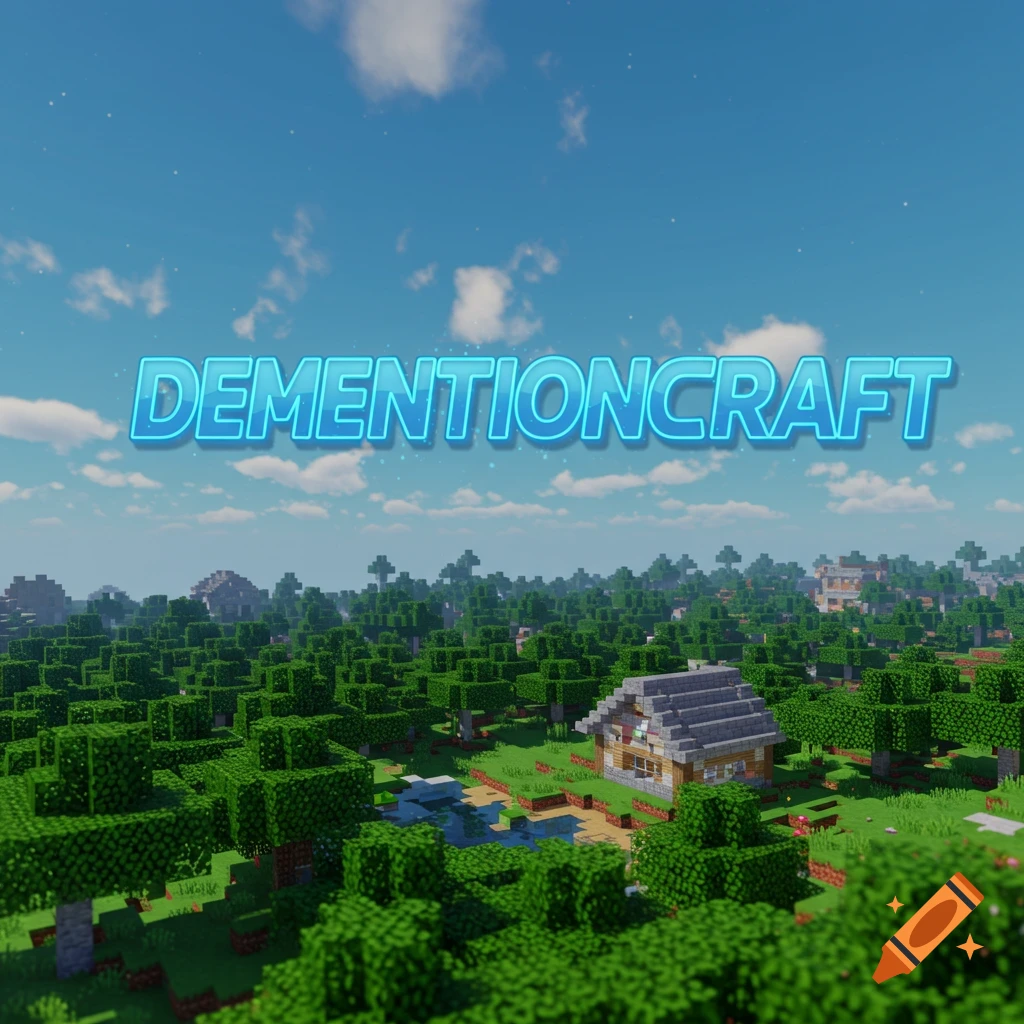 A Minecraft landscape with a house, forest, and text overlay reading DEMENTIONCRAFT