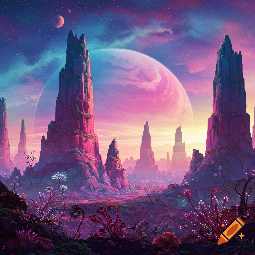 Alien landscape with tall pink rock spires, strange plants, and a large planet under a colorful sky.