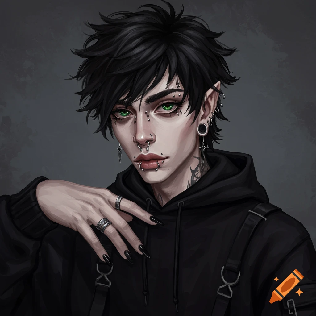 A stylized portrait of a person with green eyes, dark hair, many face piercings, and a black hoodie.