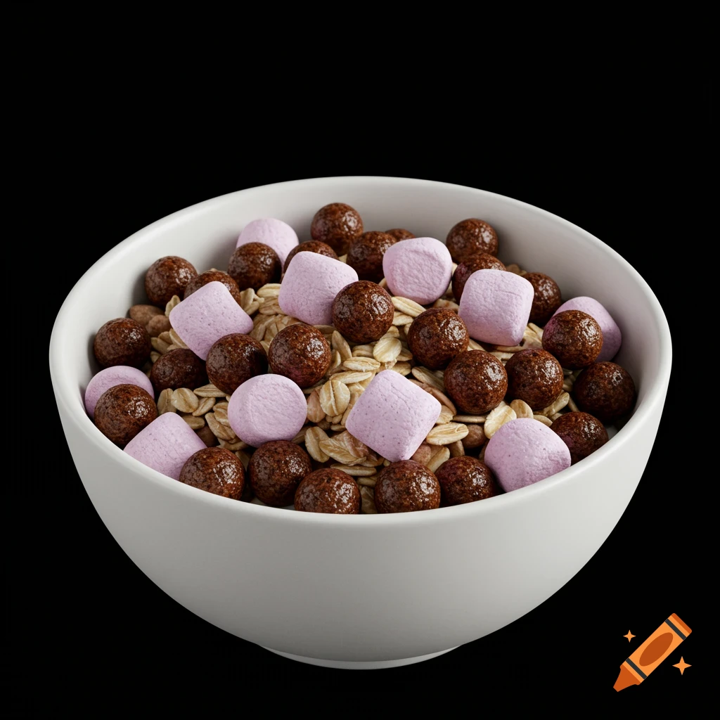 A white bowl filled with oats, chocolate cereal balls, and purple marshmallows on a black background.