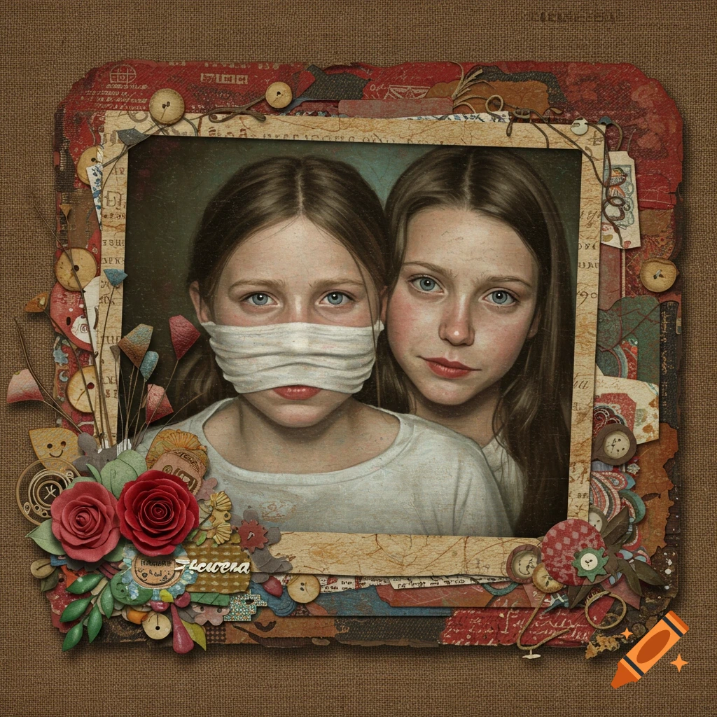 Scrapbook collage featuring two young girls, one wearing a face bandage.