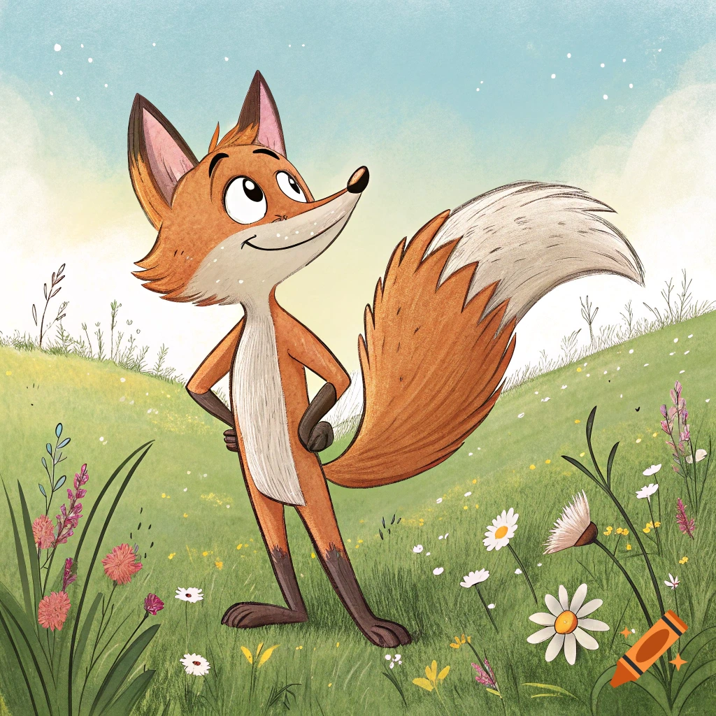 Cartoon fox standing proudly in a field of wildflowers looking up.