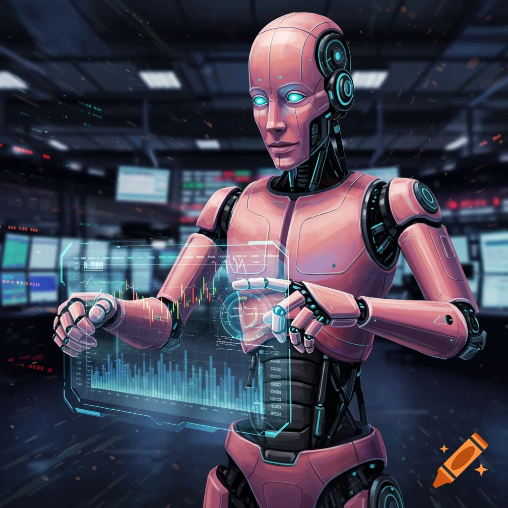 Pink robot interacts with holographic data screen on a trading floor in a futuristic illustration.