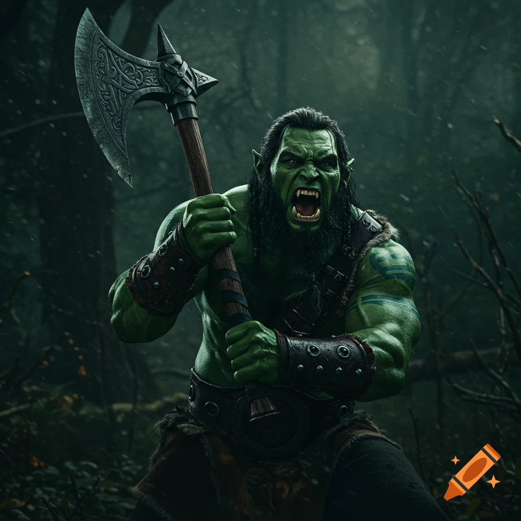 Close-up of a green-skinned orc barbarian holding a large battle axe and screaming in a forest. Photorealistic style.