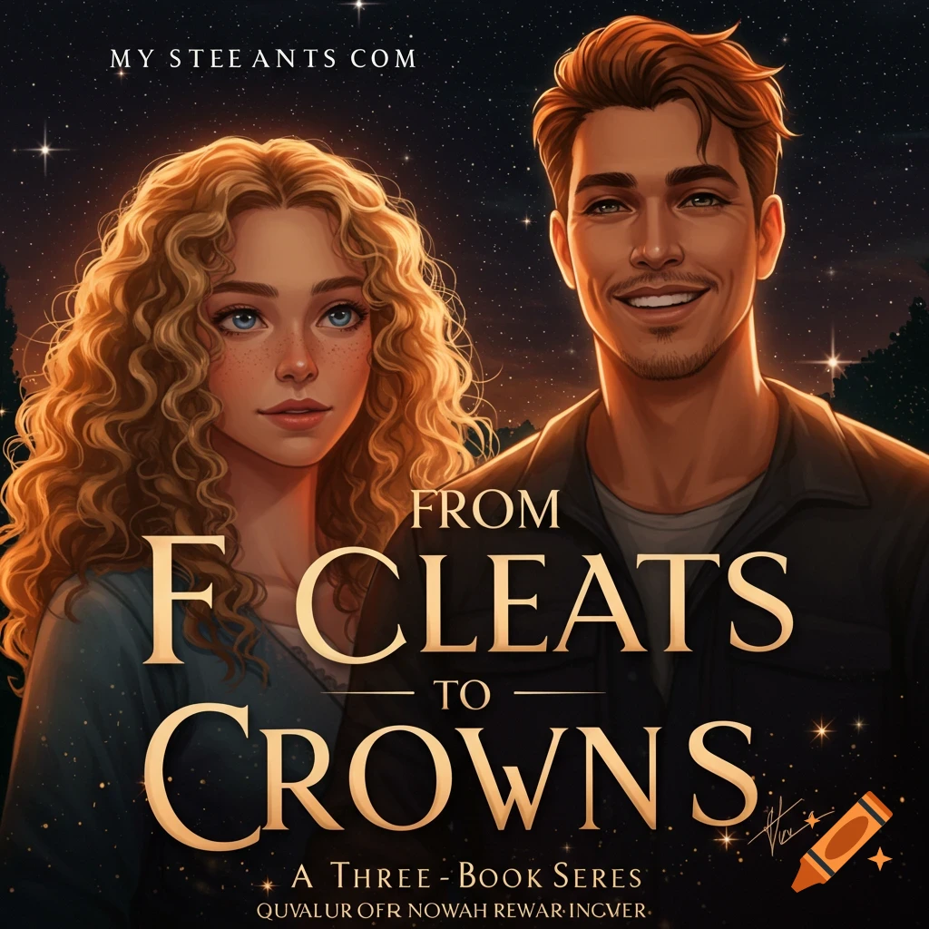 Illustrated book cover for 'From Cleats to Crowns' with a man and woman under a starry sky.