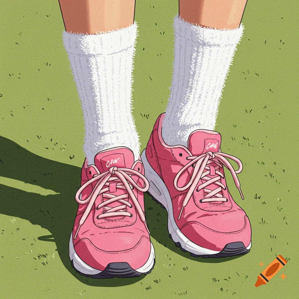 Close-up of feet wearing white fuzzy ankle socks and pink sneakers on a grassy surface in an anime style.