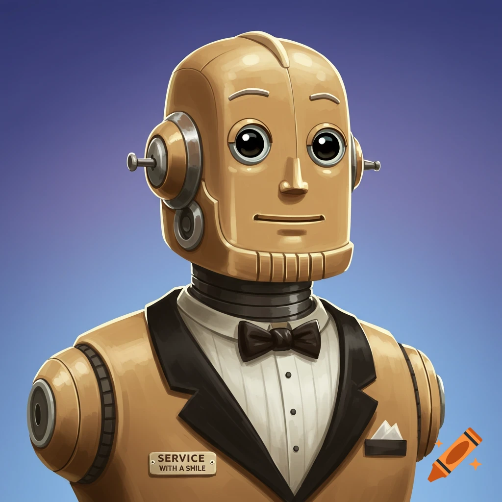 A tan robot butler in a tuxedo with a name tag saying 'Service with a Smile'.