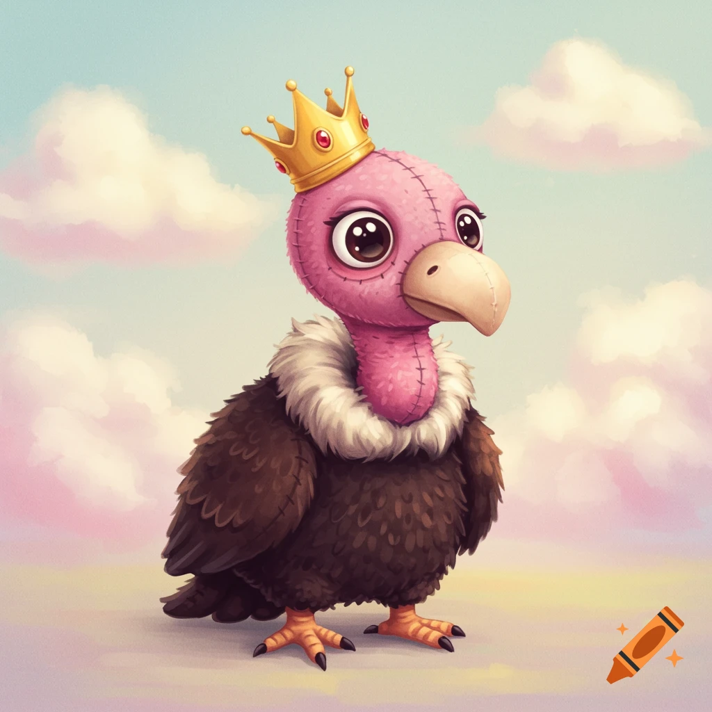 Cute stuffed vulture wearing a gold crown against a pastel sky.