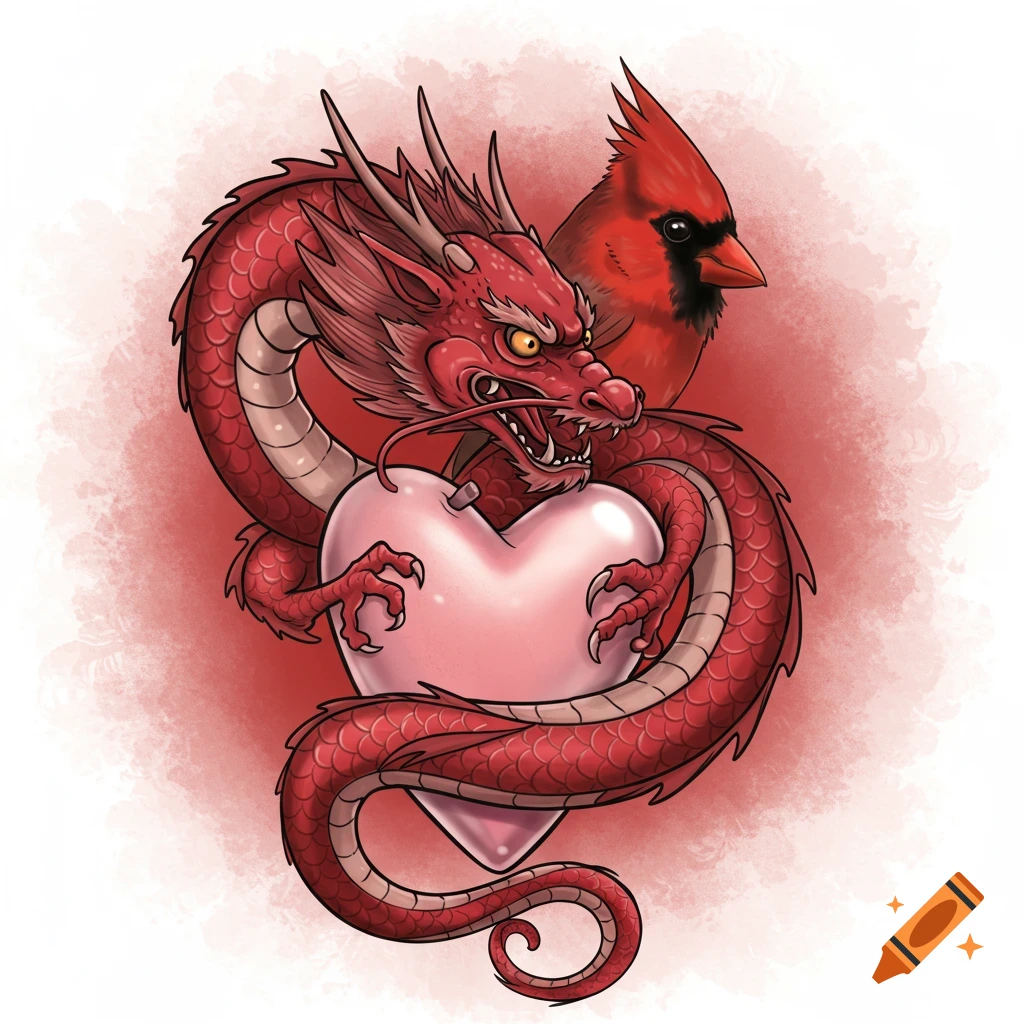 A red Chinese dragon with a cardinal's head wrapped around a pink heart, in a tattoo style.