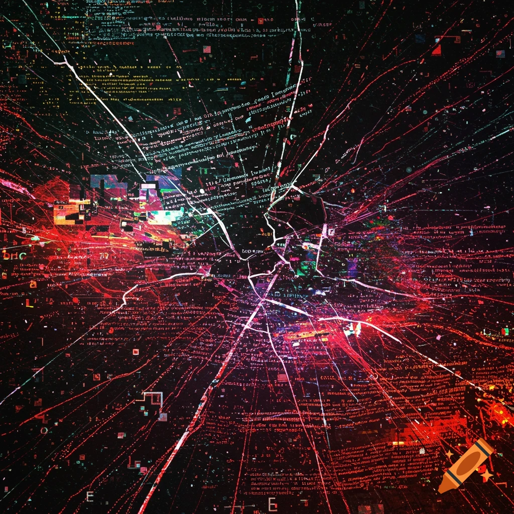 Abstract digital art depicting glitched code with radiating lines and red and green accents.