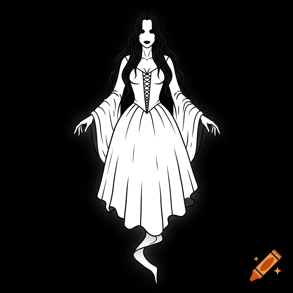 Illustration of a ghostly figure in a white dress with dark hair, in black and white.