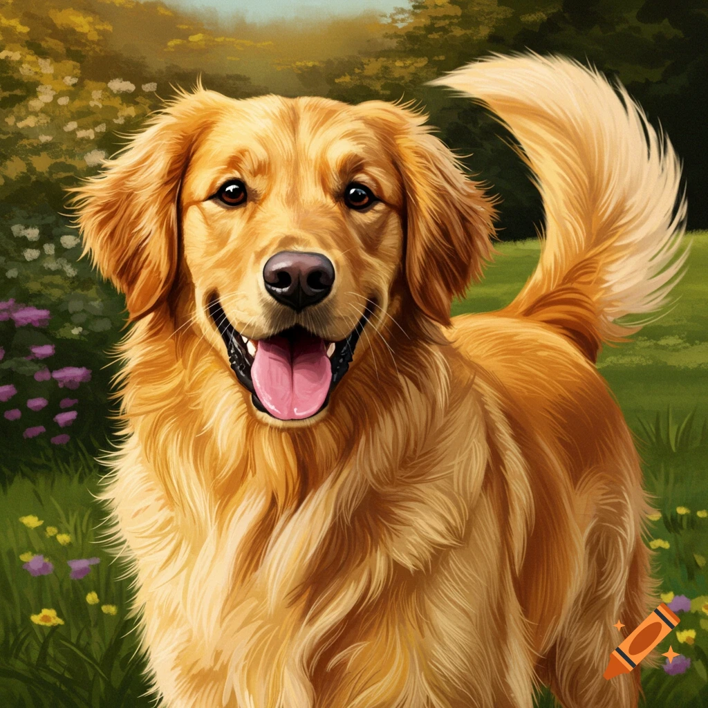 A golden retriever dog smiles in a grassy field with flowers.