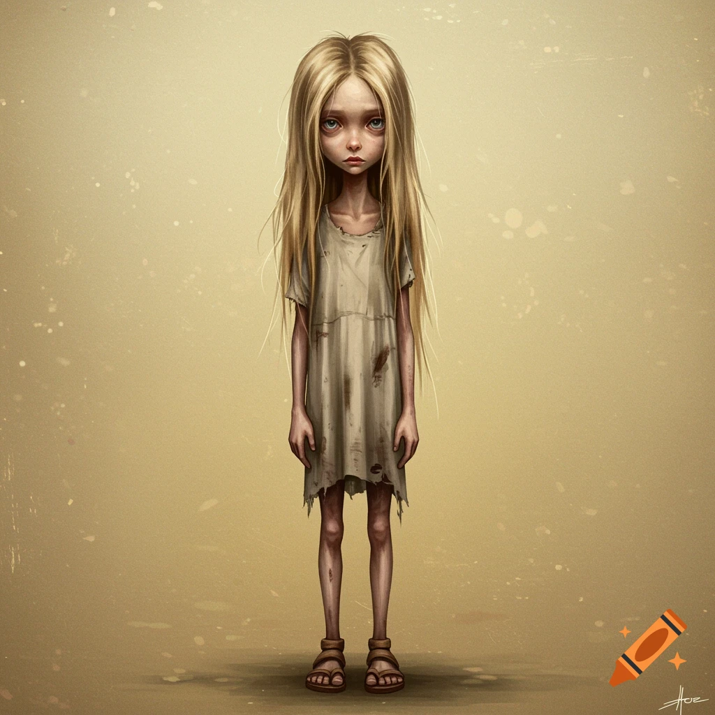 Illustration of a sad girl with long blonde hair in a dirty dress.