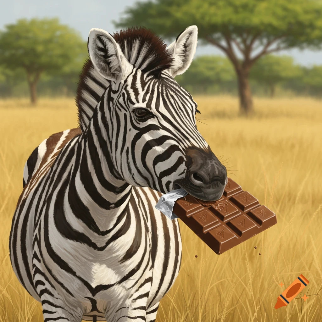 A zebra stands in a savanna field, holding a chocolate bar in its mouth.