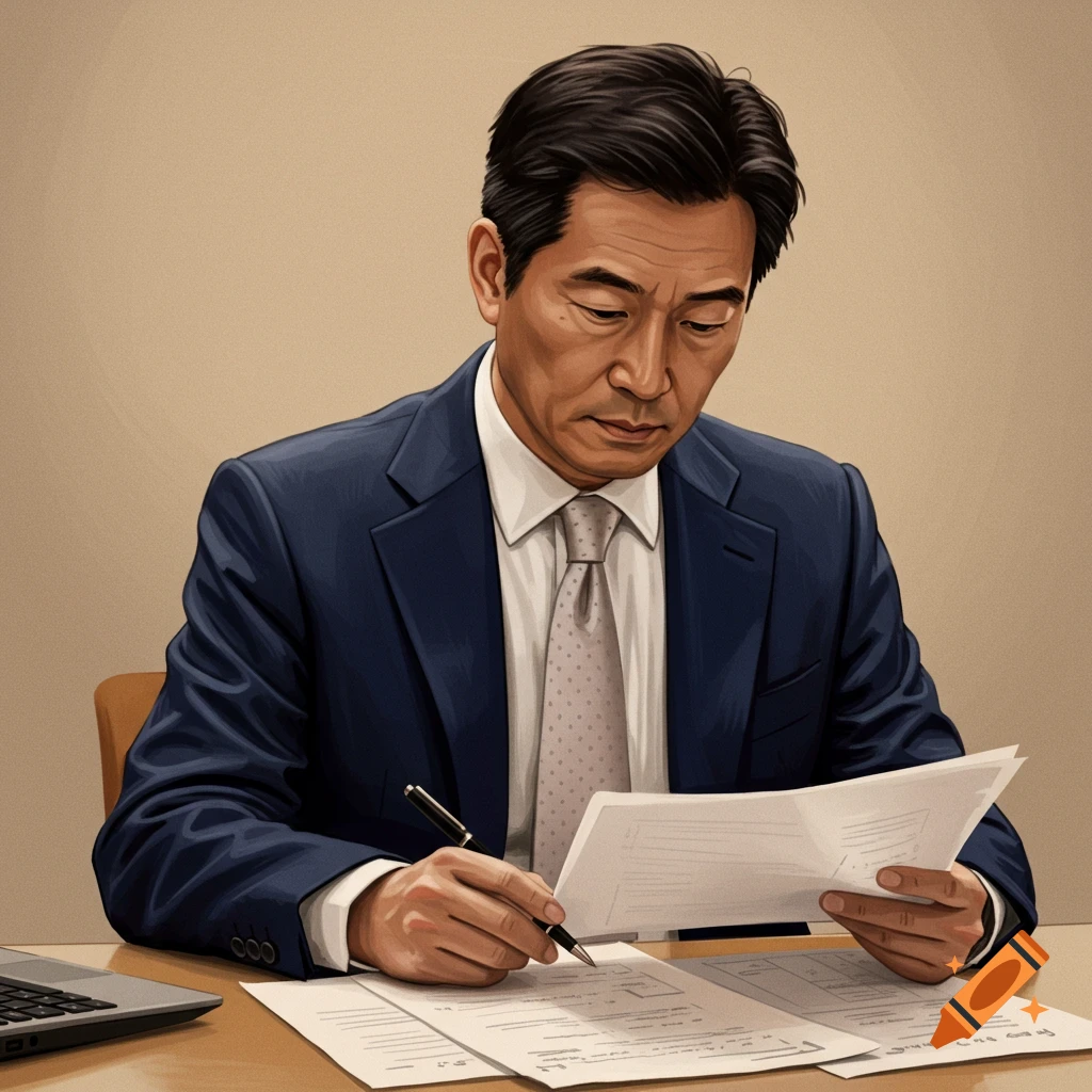 Illustration of an Asian man in a suit sitting at a desk and writing on papers.