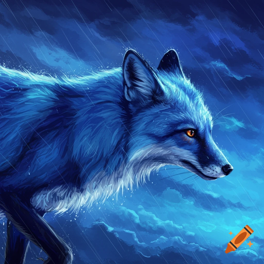 Illustration of a blue fox standing in the rain.