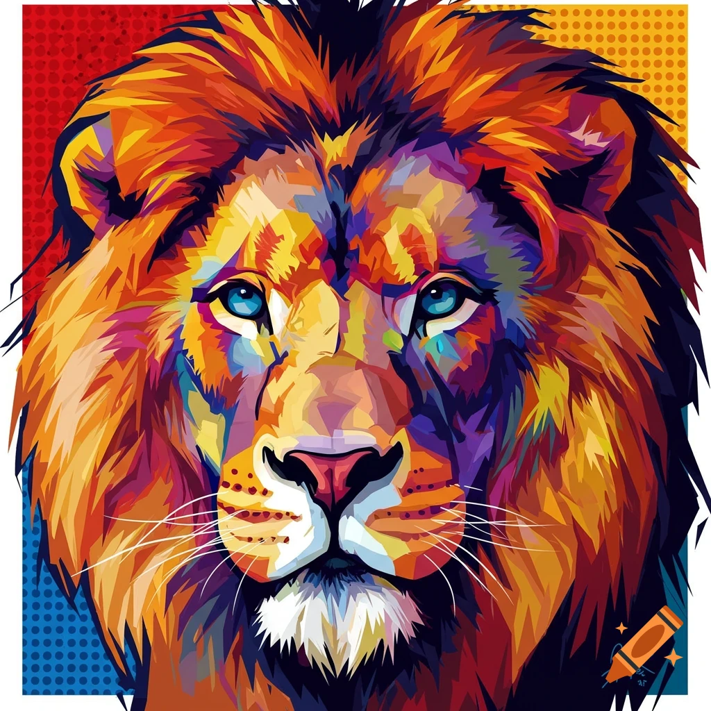 Colorful pop art style close-up portrait of a lion's face