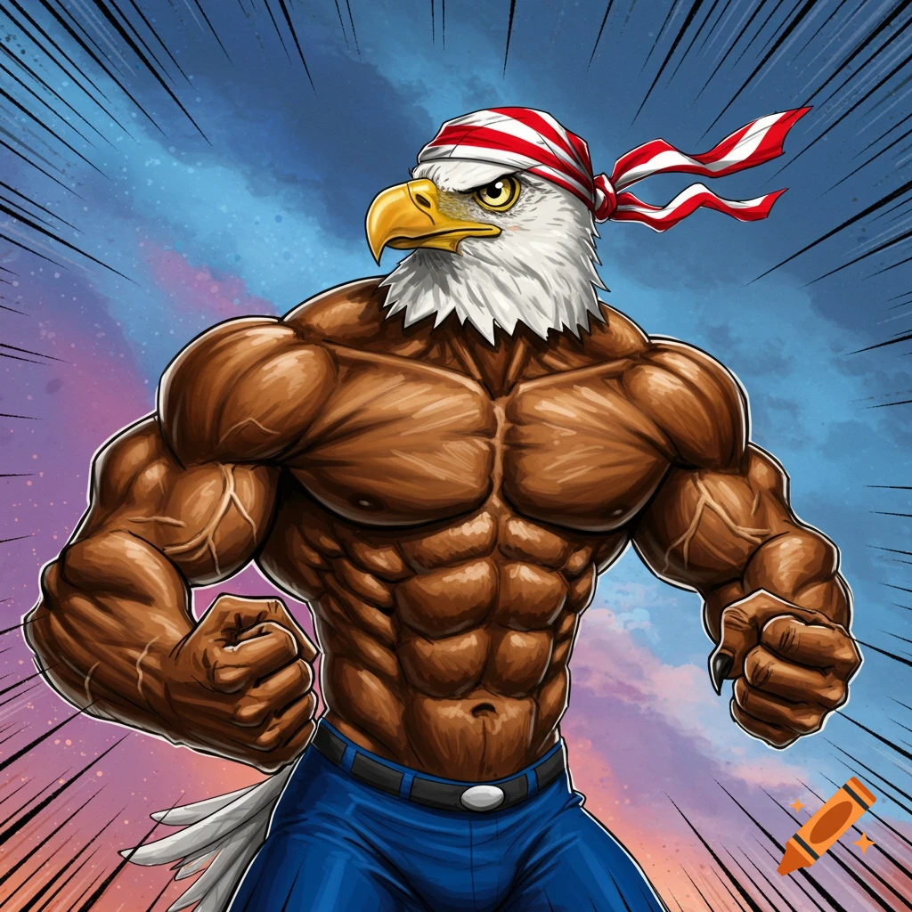 A muscular bald eagle wearing a red and white striped bandana and blue jeans flexing its biceps, in a comic book style.