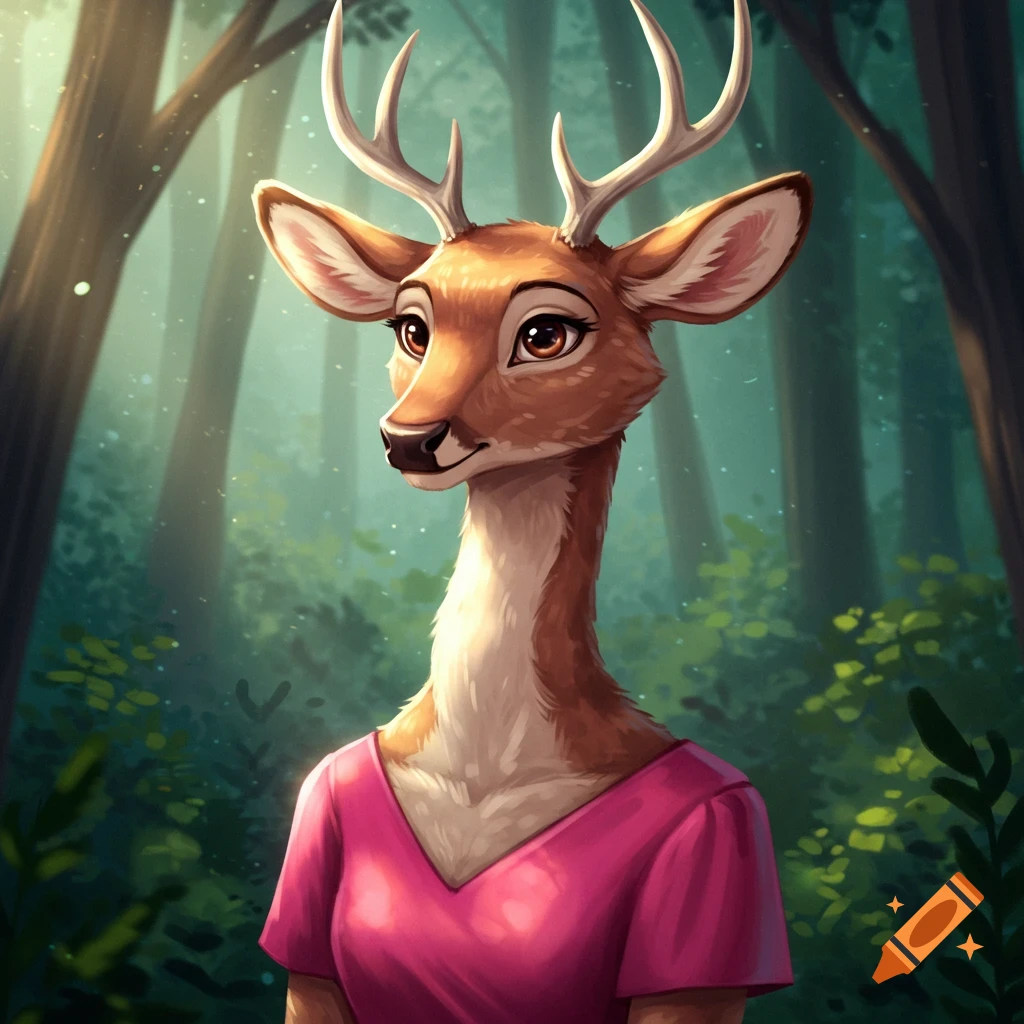 An anthropomorphic deer in a pink dress stands in a sunlit forest.