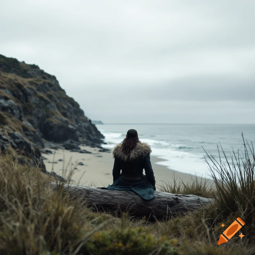 Person sitting on a log looking at the ocean on a cloudy day.