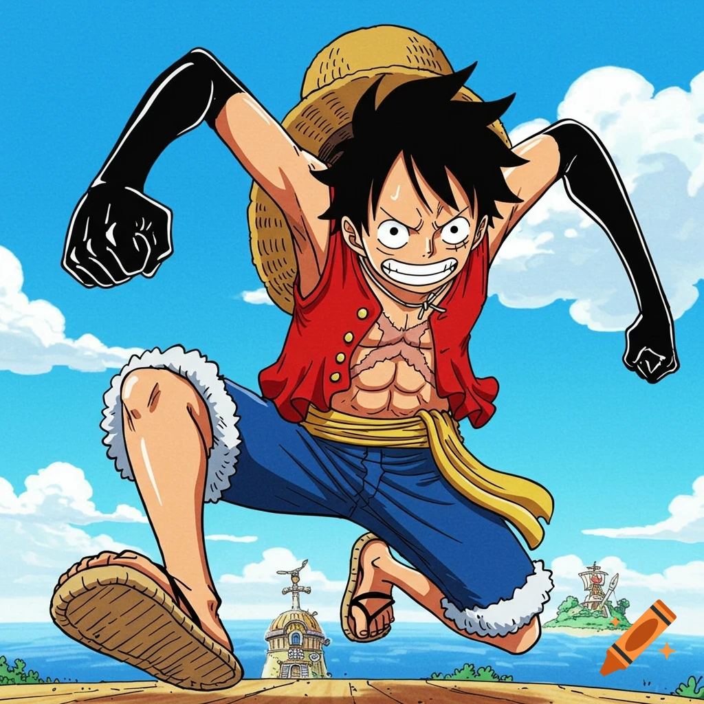 Anime illustration of One Piece character Luffy jumping enthusiastically on a dock.