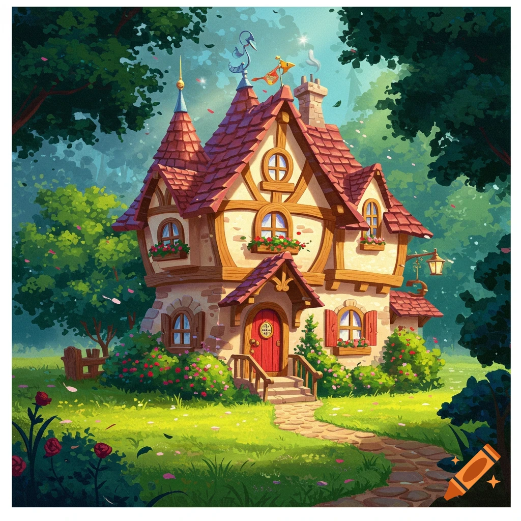 A whimsical, cartoon-style house with a red roof and chimney sits in a sunlit forest clearing, surrounded by trees and flowers.