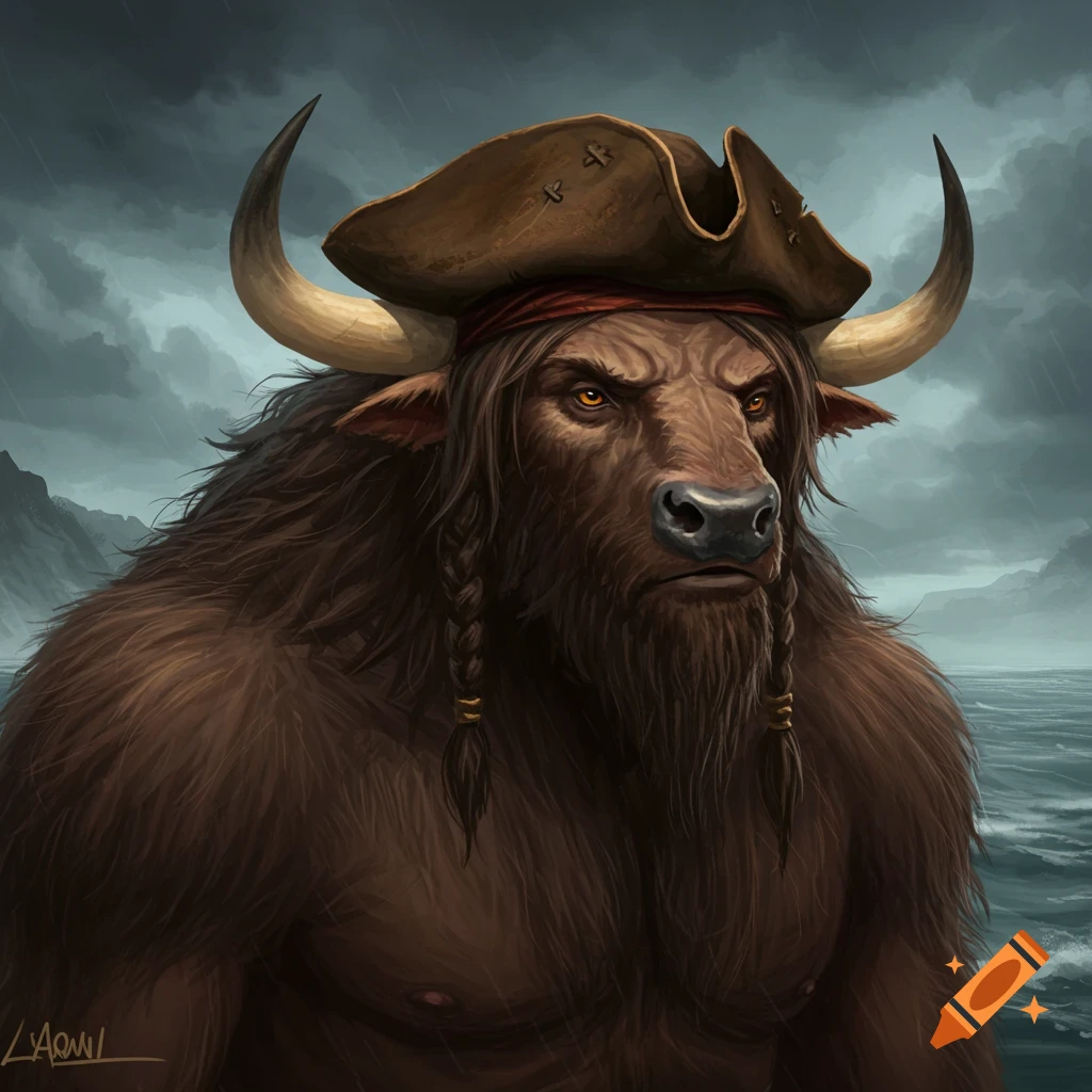 A shaggy minotaur-like creature wearing a pirate hat by a stormy sea.