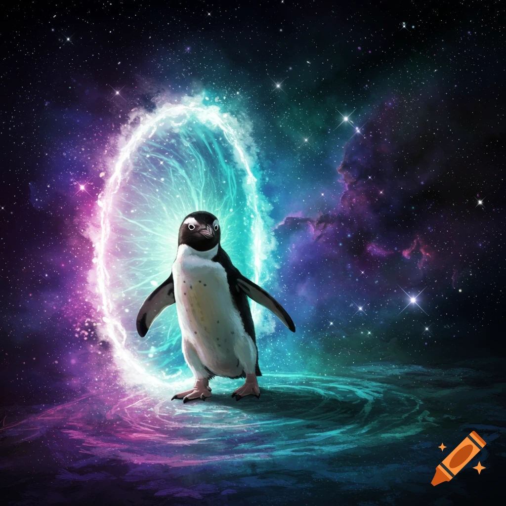 A penguin stands in space in front of a swirling, colorful portal.