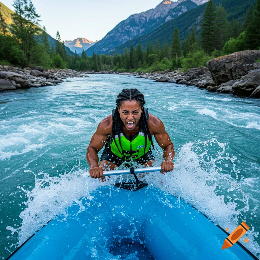 Person whitewater rafting down a river in a mountain valley