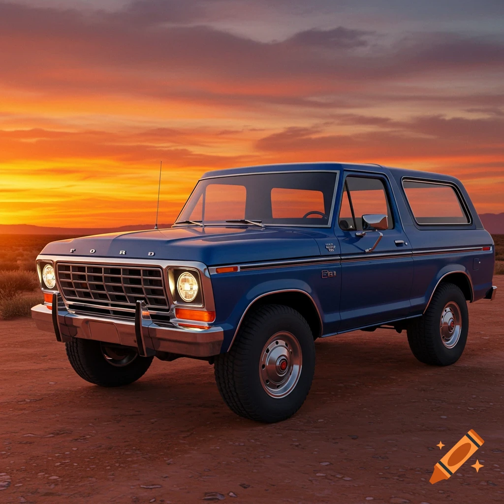 Blue 1978 Ford Bronco truck at sunset