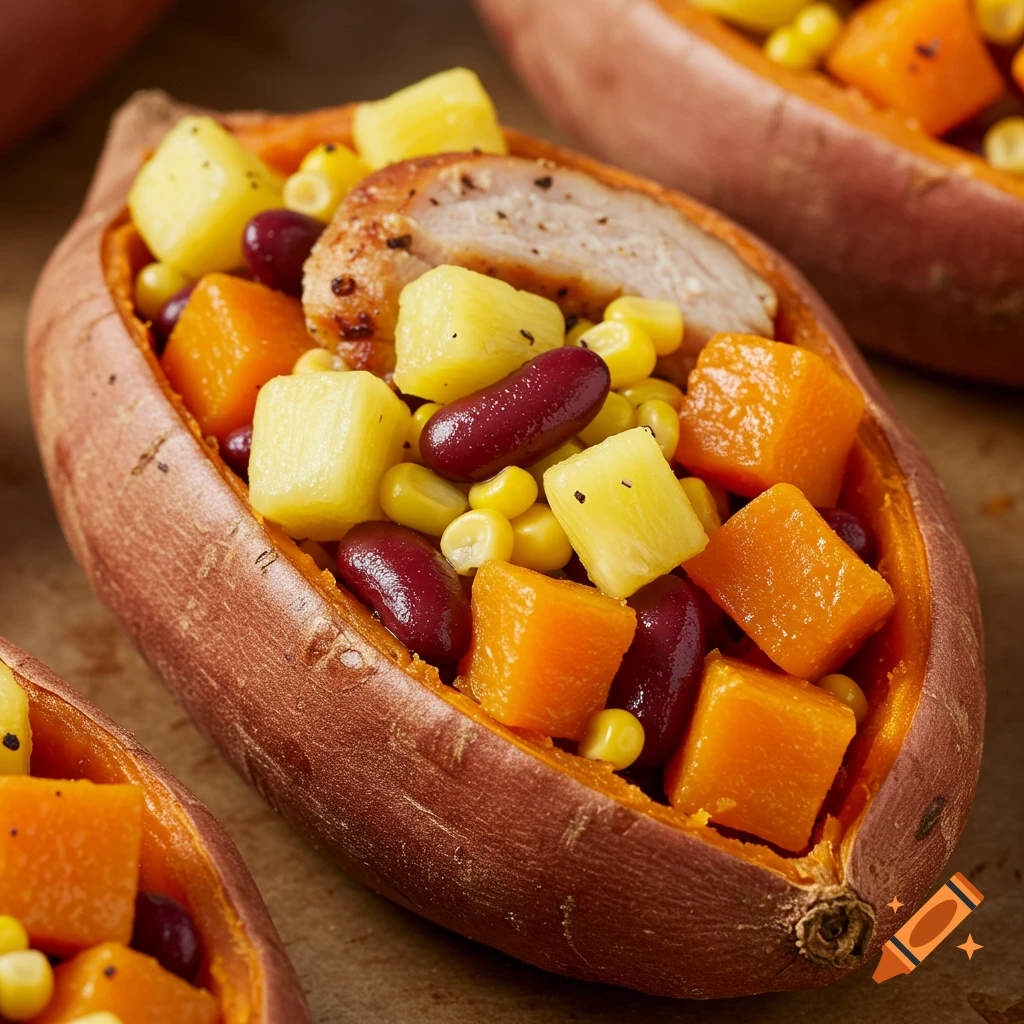 A halved sweet potato filled with pieces of turkey, pineapple, corn, and kidney beans.