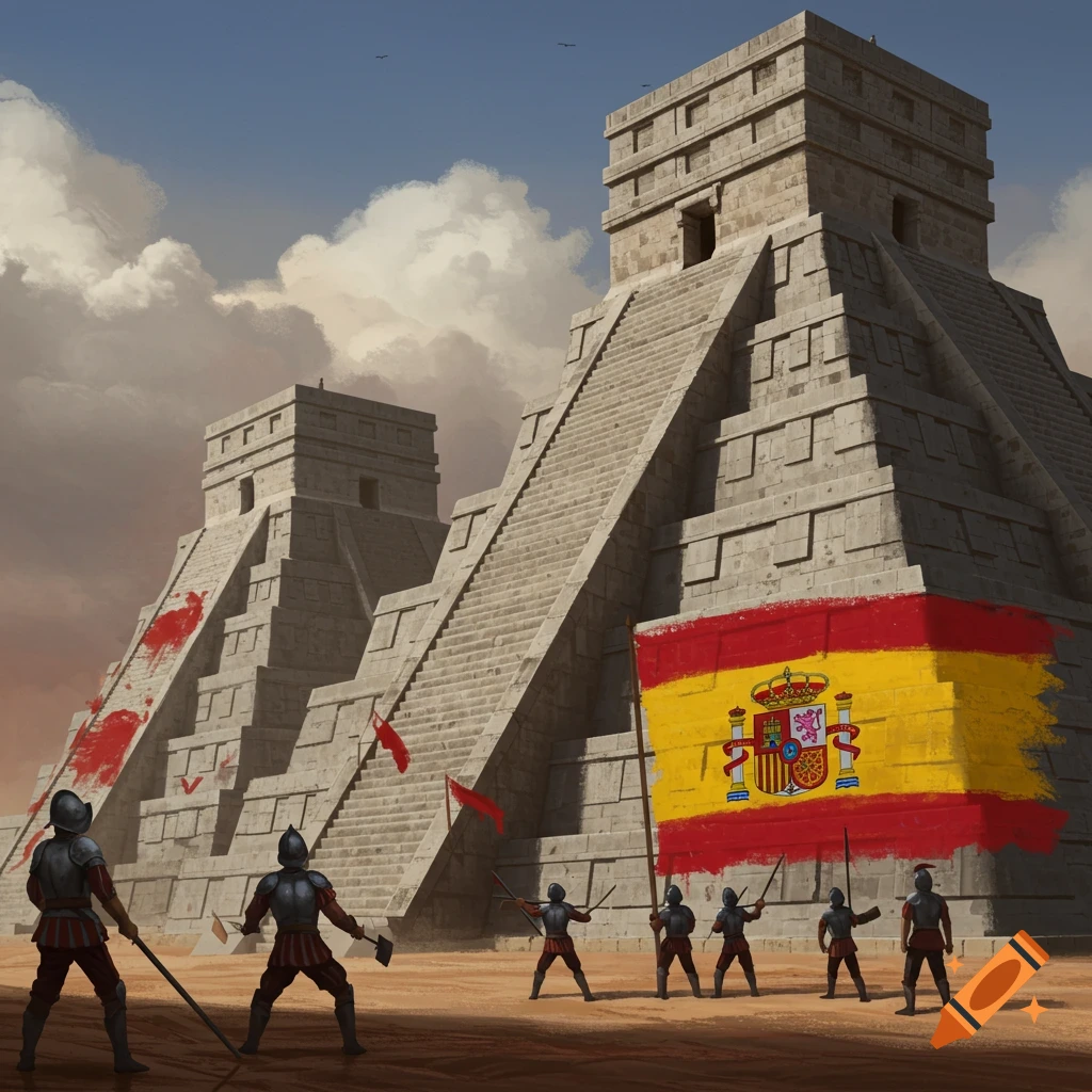 Illustration of Spanish conquistadors holding a large Spanish flag in front of ancient pyramids with red markings.