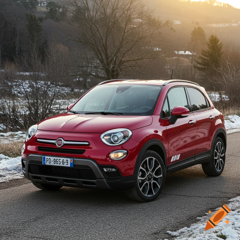 A red Fiat 500x SUV drives on a road in a winter landscape with snow and trees.