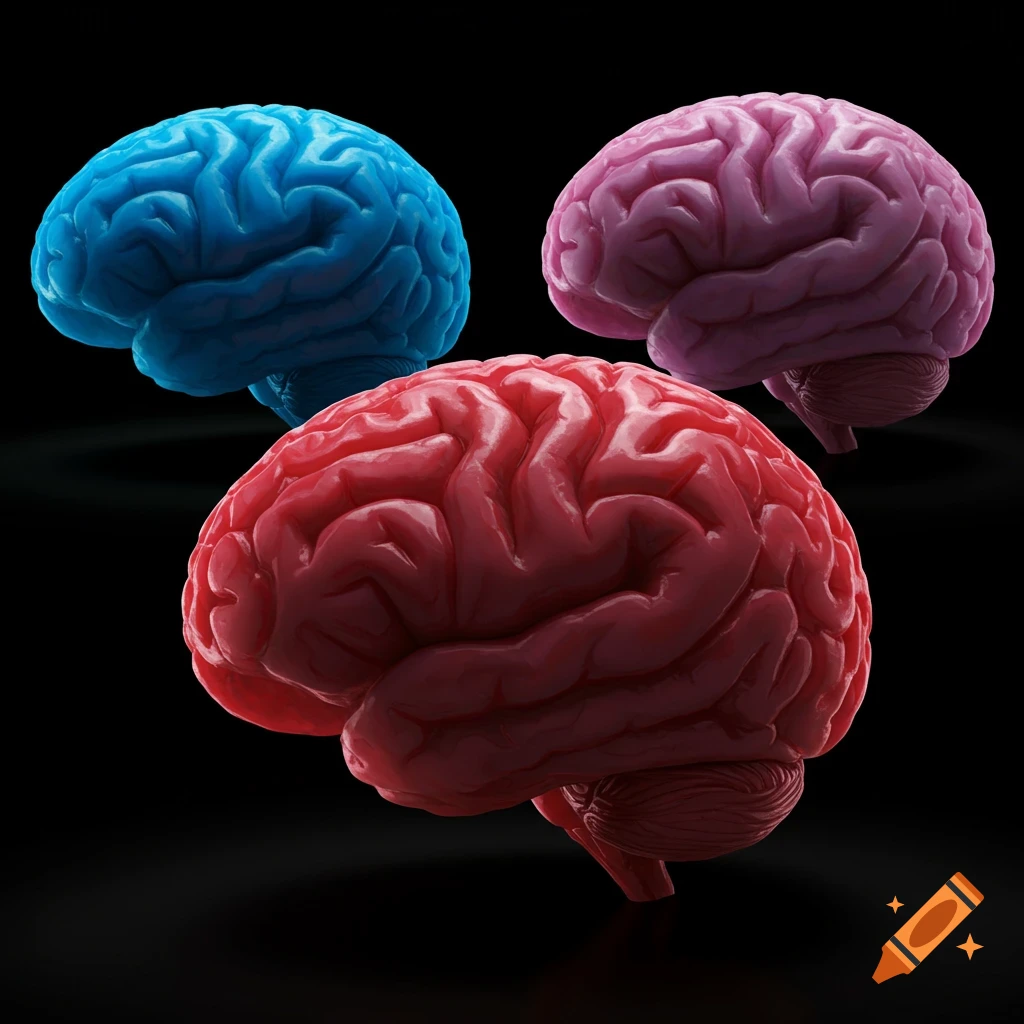 Three stylized human brains, one red, one blue, and one pink, on a dark background.