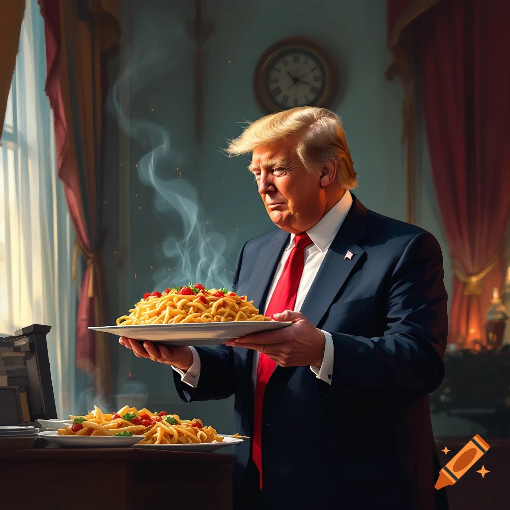 Illustration of Donald Trump holding a large plate of steaming spaghetti in a formal room.
