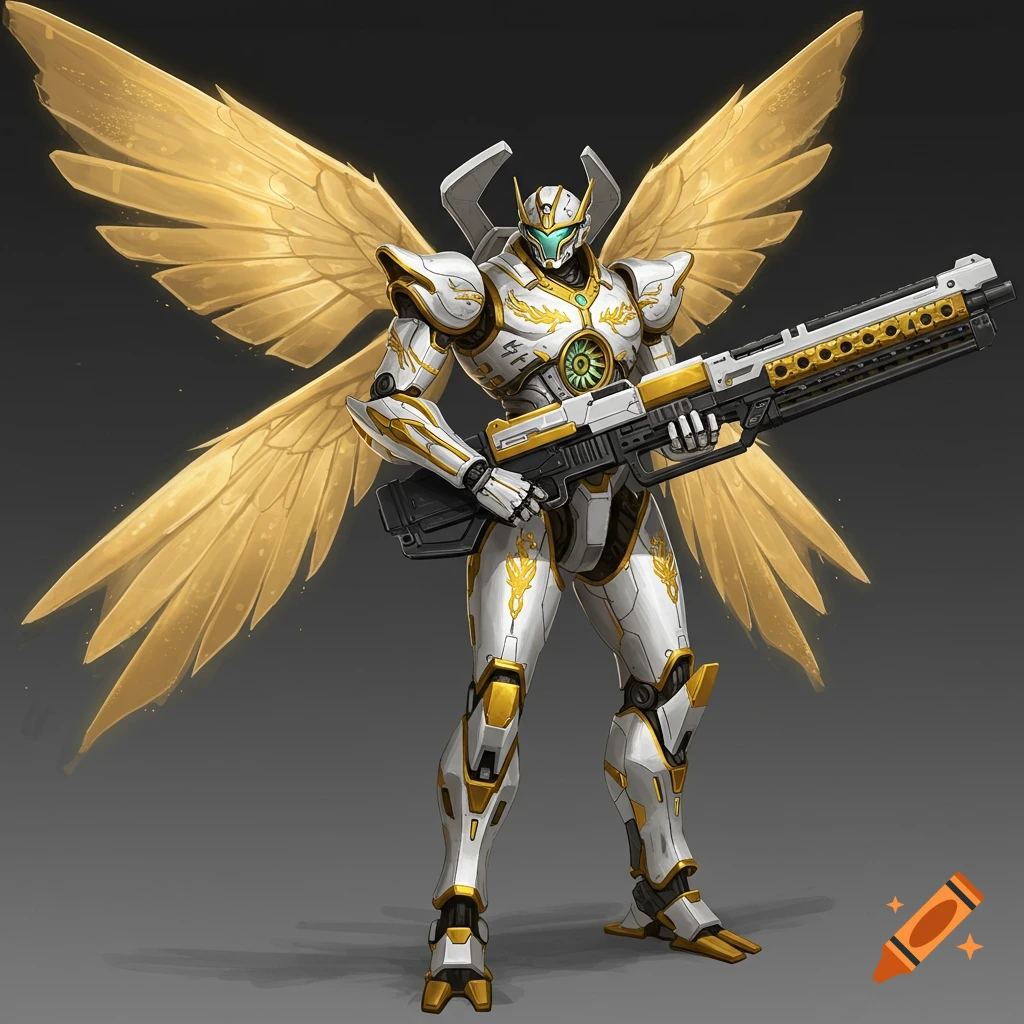 White and gold mecha with large gold wings holding a rifle, concept art style.
