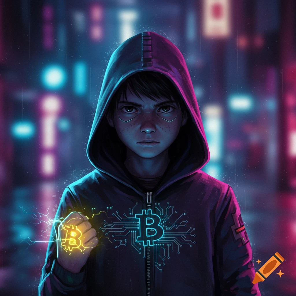 Cyberpunk digital art of a hooded person holding a glowing Bitcoin symbol, with a large Bitcoin circuit symbol on their chest, standing in a neon city.