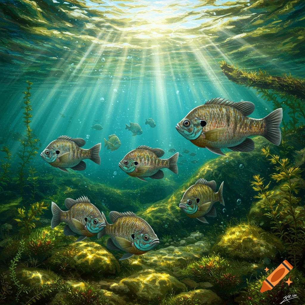 Bluegill fish swim underwater with sunlight streaming through the water surface.