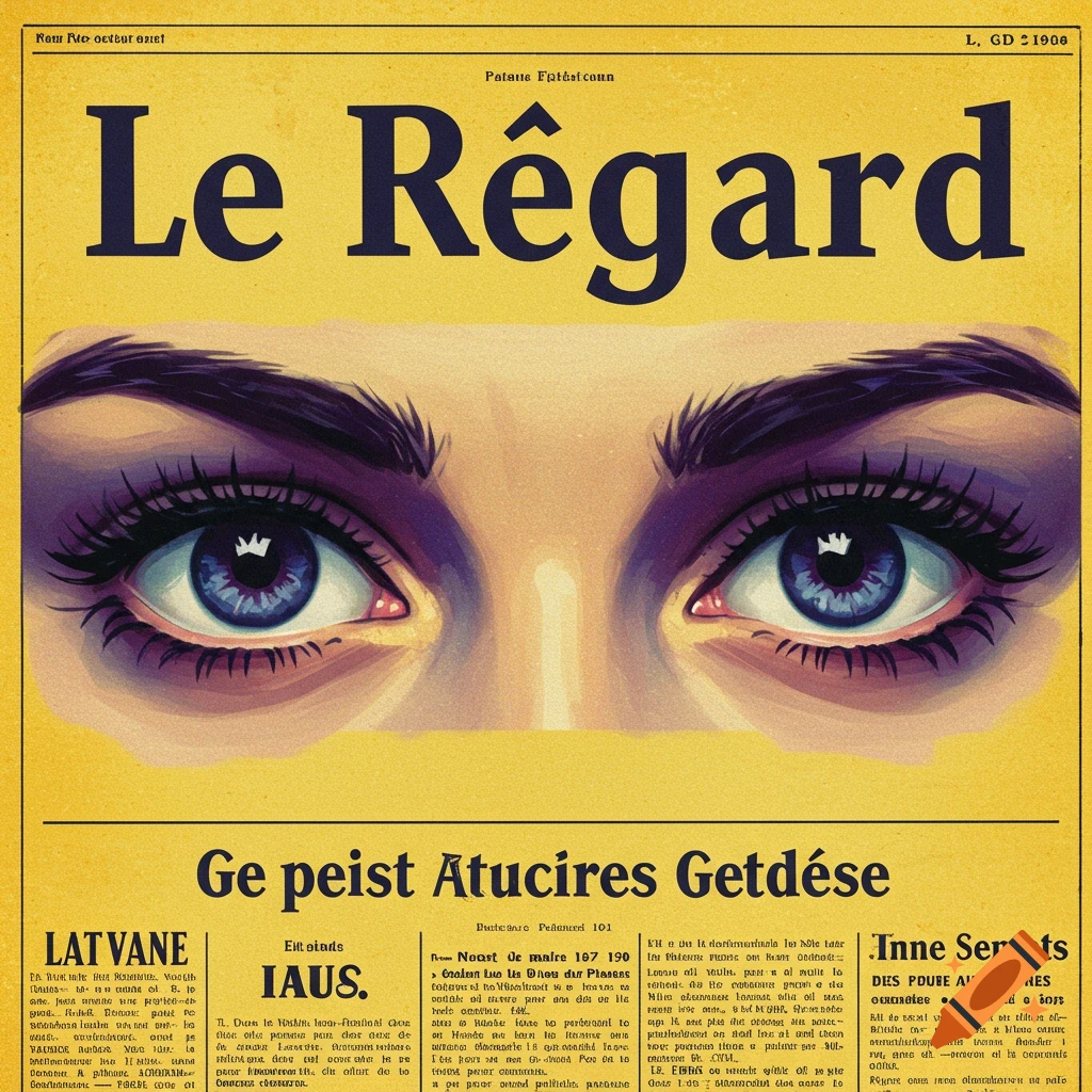 An illustrated newspaper cover titled "Le Regard" with a large image of human eyes.
