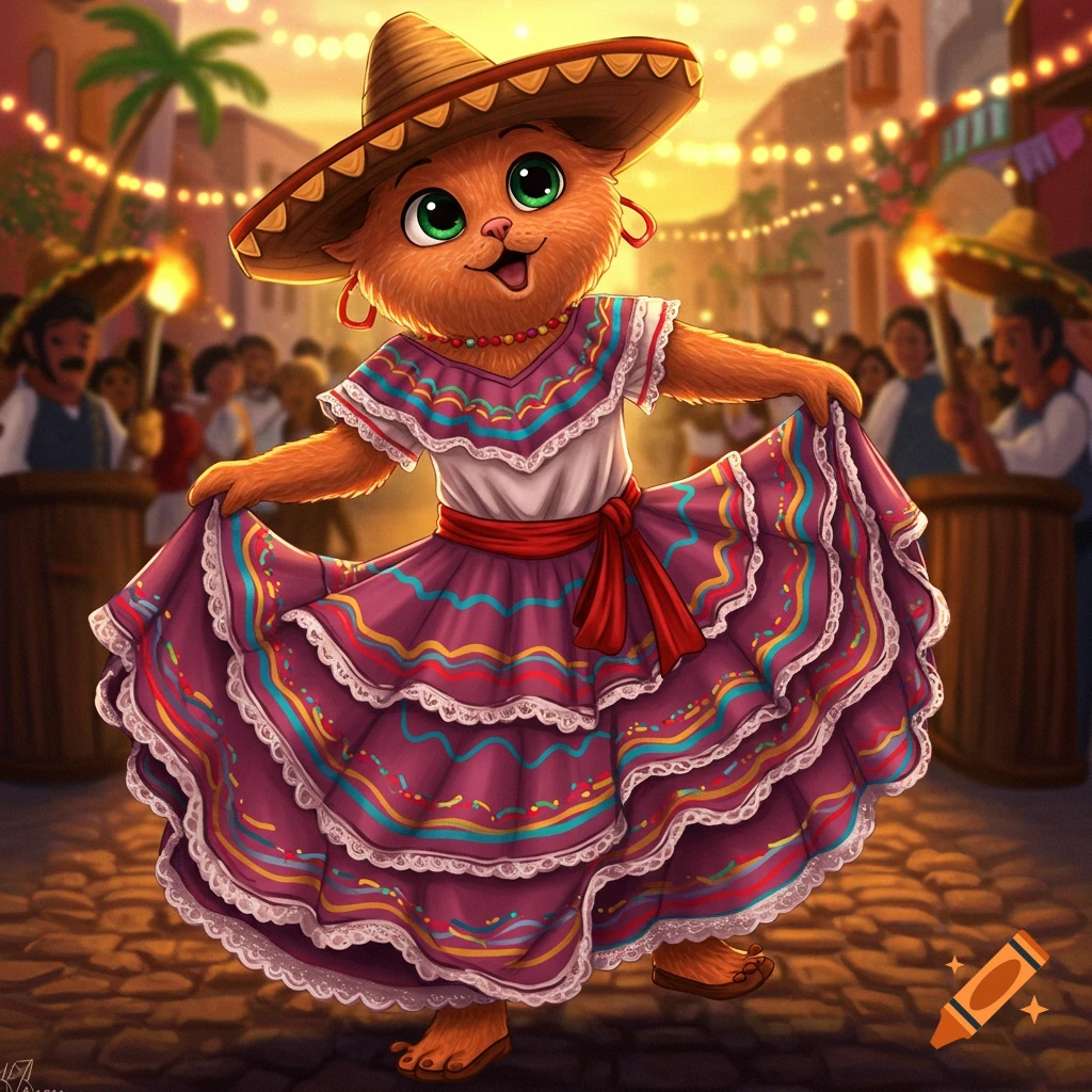 Cute cartoon cat dancing in a Mexican dress at a street celebration.