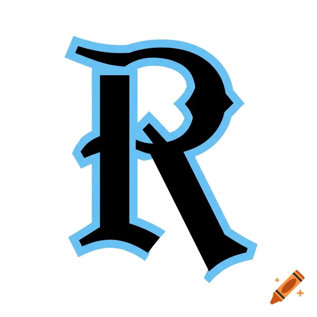 Black letter R with a light blue outline.