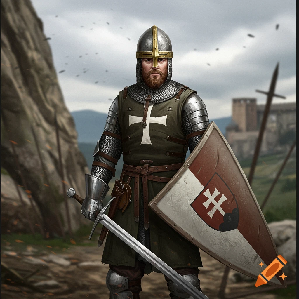 A medieval knight in full armor holding a sword and shield before a castle and mountains, digital illustration.