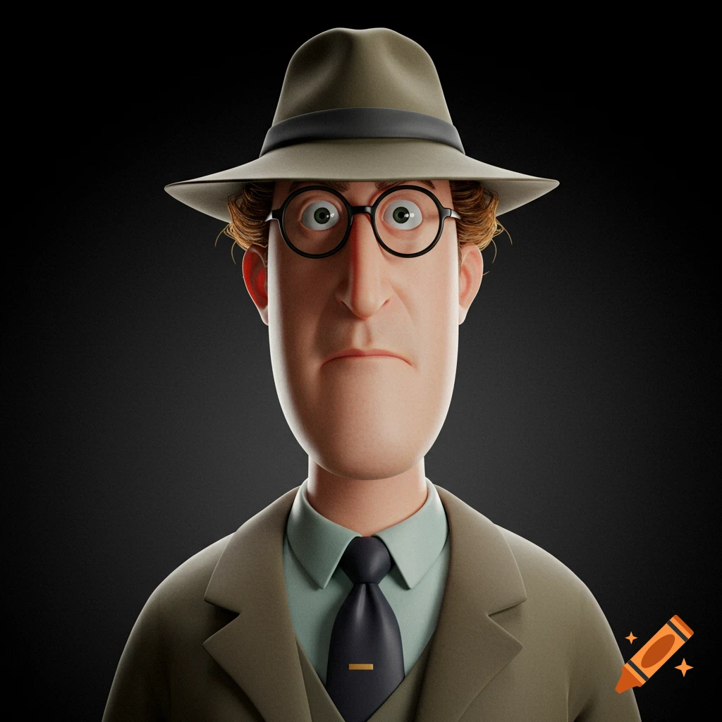 Stylized 3D portrait of a man in a fedora, glasses, shirt, tie, and jacket.