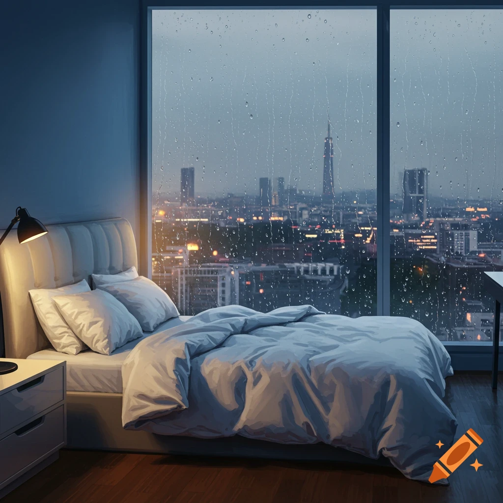 A bedroom with a large window view of a rainy city at night.
