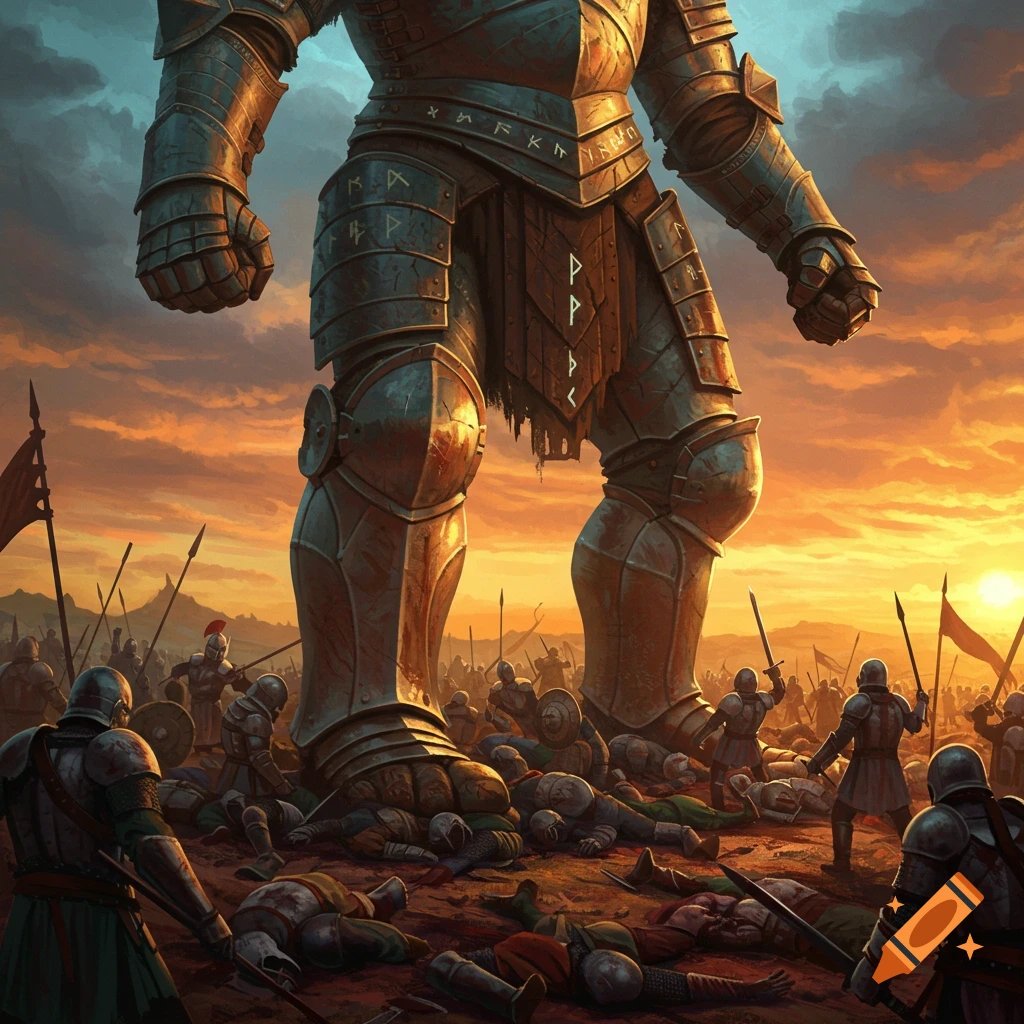 A massive armored giant stands over a battlefield littered with fallen soldiers against a sunset sky.