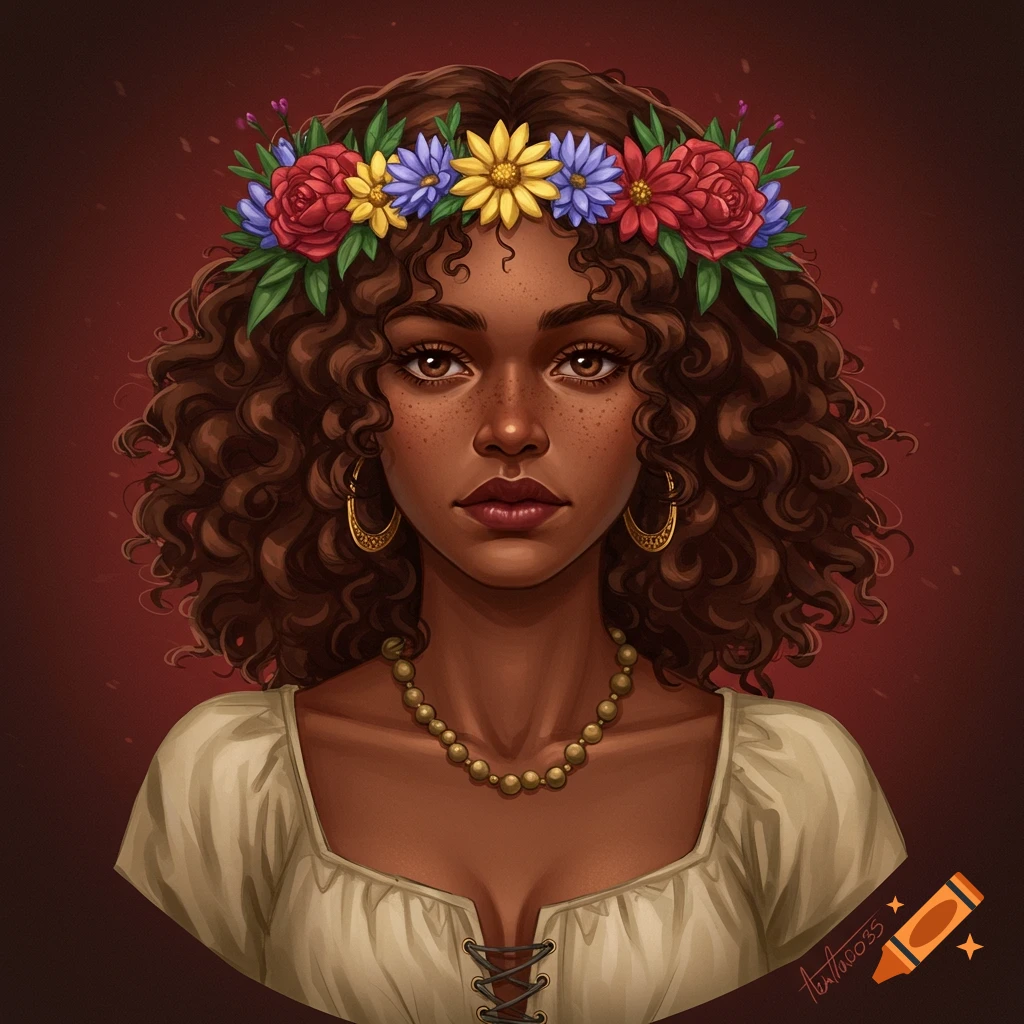 Illustration of a woman with curly brown hair and dark skin wearing a flower crown, gold earrings, and a peasant blouse.